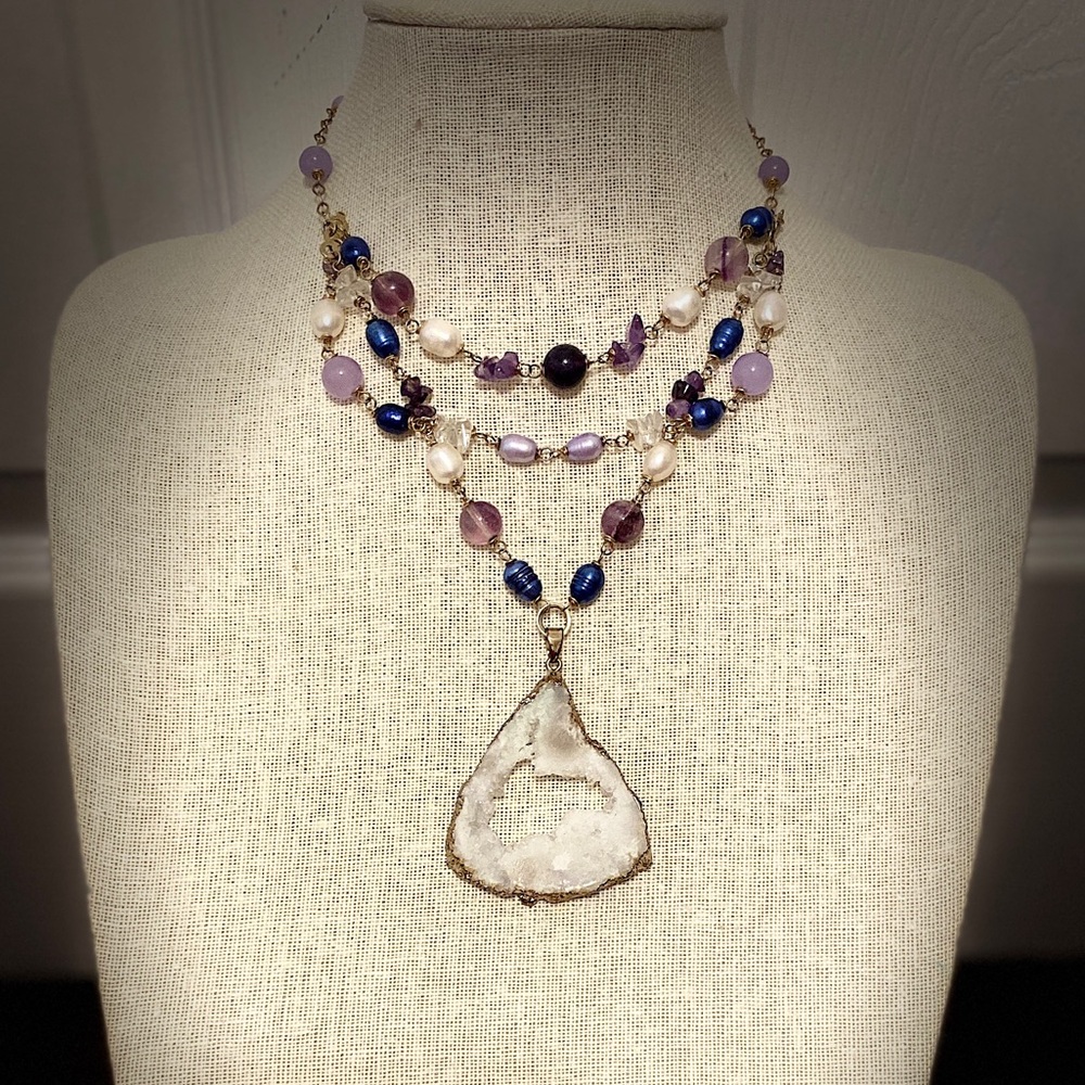 Handmade Triple Layer Statement Necklace Purple Agate Stone